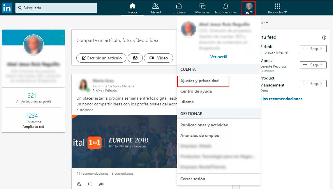 Configuración de privacidad de Linkedin